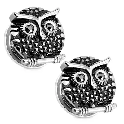 Pair Of Ear Plugs | Tunnels Screw Fit Owl Design With Cubic Zirconia • $19.04