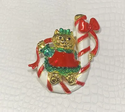 $25 • Buy Vintage Signed AJC Candy Cane Cat Christmas Brooch Pin
