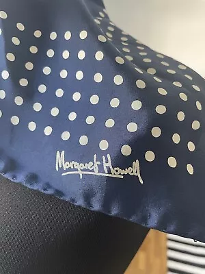 Large Margaret Howell Silk Scarf With Signature Navy Blue With Polka Dots • £10