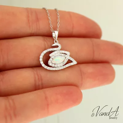 Sterling Silver 925 Swan Lake Shiny Necklace Water Bird Opal & CZ Necklace N181 • $48.99