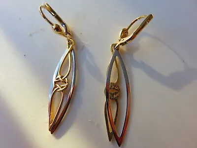 Gold Drop Dangling Earrings 9 Carat Yellow & White Celtic Free Fall • £139