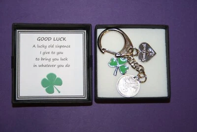 £5.99 • Buy Good Luck Any Occasion GREEN CLOVER LUCKY SIXPENCE KEEPSAKE CHARM KEYRING Gift 