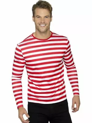 Stripy T-Shirt Red White Wheres Wally Waldo Wenda Mens Fancy Dress Costume LARGE • £13.43
