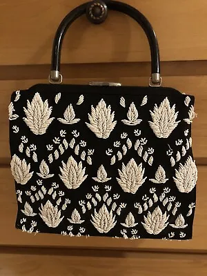 Vintage Elsie Tu Hong Kong Beaded Bag Flowers White & Black. Beautiful Bag • $49.99