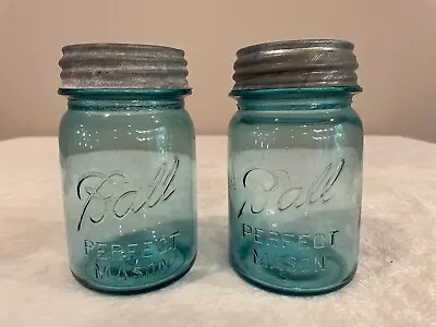 Set Of 2 Vintage Ball Aqua Blue Pint Canning Mason Jars With Zinc Lids • $18