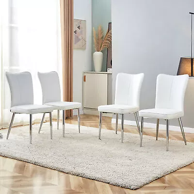 Modern Minimalist Dining/Office Chairs - 4pc White PU Seats Silver Metal Legs • $318.58