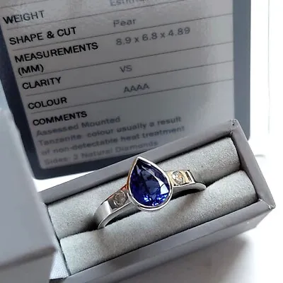 AAAA Certified Pear Cut Tanzanite And Diamond 14k White Gold Ring CUSTOM MADE • £1450