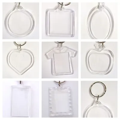 Blank PHOTO HOLDER KEYRING Acrylic Plastic Key Ring RECTANGLE ROUND OVAL SQUARE • £1.49