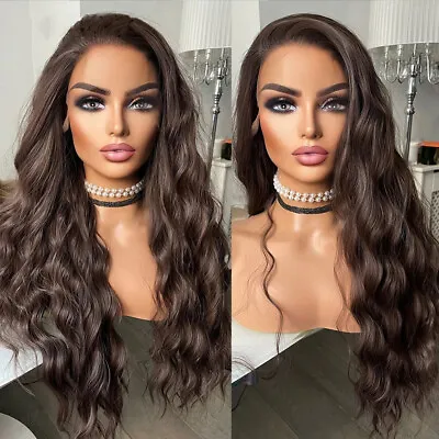 Lace Front Wigs Handtied Long Wavy Heat Resistant Hair Dark Brown • $28.49