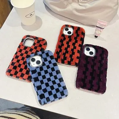 Block Grid Plush Fluffy Soft Phone Cover Case For IPhone 11 12 13 14 15 Pro Max • £5.99