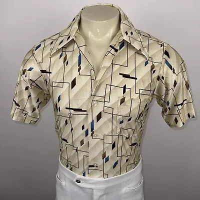Vtg 60s 70s Disco Shirt Hippy Dagger Collar Acetate Nylon Geometric Mens Medium • $49.99