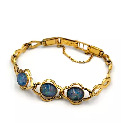 Vintage 1950s Gold Tone Lab Opal Triplets Cabochon Bracelet 7  Unmarked • $50