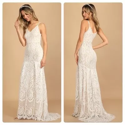 NWT Lulu’s Flynn White Lace Maxi Dress Eyelash Princess Mermaid Gown Size L • $78