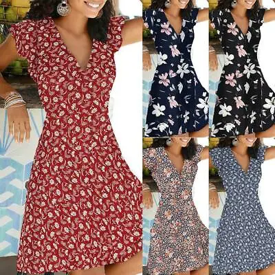 £3.99 • Buy Womens Floral Summer Beach Sun Dress Ladies Short Sleeve Holiday Midi Dress Size