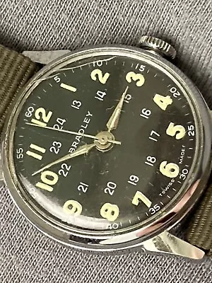 Military Style Wristwatch BRADLEY  1  Jewel  24 HRS Dial Black SWISS • £10.69