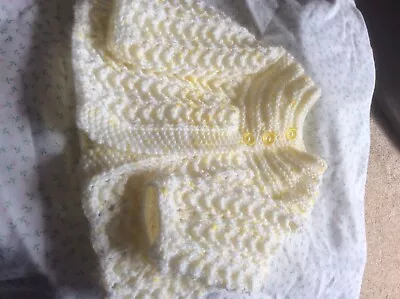 Hand Knitted White/ Lemon Fleck Baby Matinee Jacket • £6.75