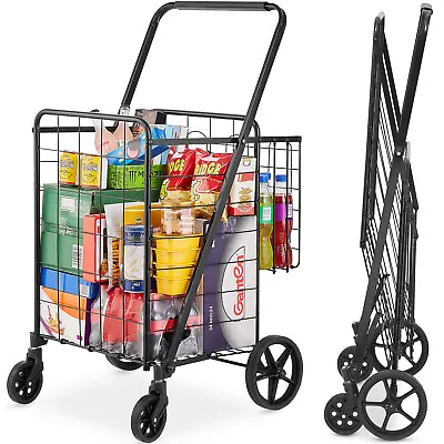 VEVOR Folding Shopping Cart Rolling Grocery Cart With Double Baskets 110 LBS • $52.63