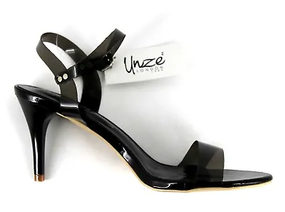 Unze Womens UK 7 EU 40 Black Patent Faux Leather Soft Perspex Heeled Sandals • £12.99