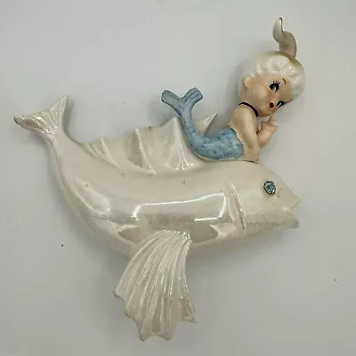 Vintage Norcrest Ceramic Mermaid On Iridescent Fish Wall Plaque Figurine 1950s • $170