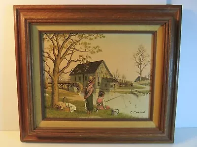 C. CARSON VNG CHILDREN FISHING W/DOG CUTE OIL PRINT ON CANVAS NICE WOOD FRAMED • $14.99