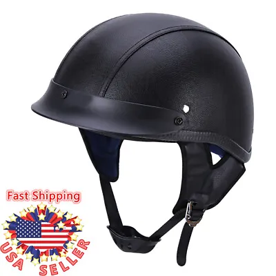 DOT Retro German Black Leather Motorcycle Half Face Helmet Chopper Cruiser Biker • $32.29