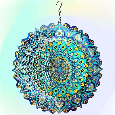 Art Sculpture Garden Yard Decor Hanging Wind Spinners Mandala Peacock Blue Ocean • $34.69