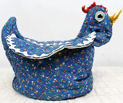 VTG 70s 80s Egg Basket Quilted Chicken Fabric Cover Blue Floral Rustic Farmhouse • $21.25