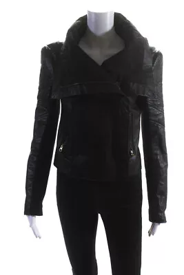 6 Shore Road Womens Leather Wide Collared Zip Up Mid Length Jacket Black Size S • $60.99