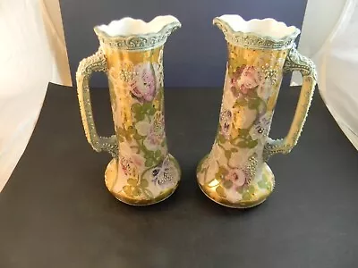 Antique Japanese Nippon Moriage Pair Of Handled Vases Floral Decoration • $175