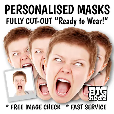 PERSONALISED PHOTO FACE MASKS  FULLY CUT  STAG DO HEN NIGHT Birthday Card Party • £1.69