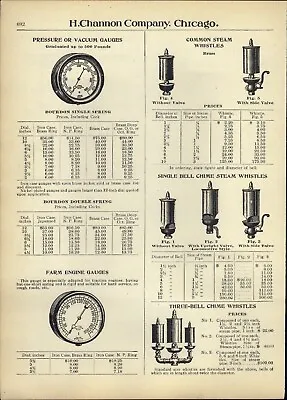 1908 PAPER AD Pressure Vacuum Gauge Bourdon Steam Whistle Single Bell Chime 3  • $19.99