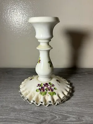 Gorgeous Fenton Silver Crest Candle Sticks Violet Purple Flowers Milk Glass 💜 • $15