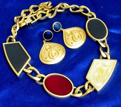 Vtg Runway Modernist/deco Monet Necklace Red Black Gold Enamel Dangling Earrings • $154.99