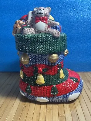 1991 Christmas Stocking Musical Cookie Jar Working Jingle Bells Tune In OG Box • $34.95