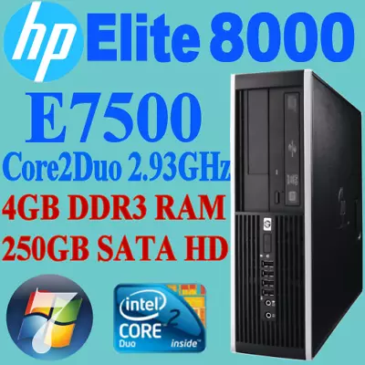 HP Elite 8000 SFF CORE2DUO E7500 2.93GHZ 4GB 250GB DVDRW DESKTOP PC WIN-7+COA • $45