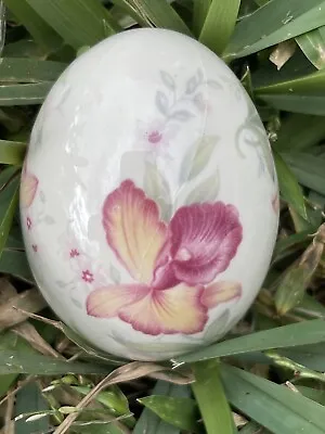 Vintage The Egg Lady Floral Mauve Yellow Bearded Iris Porcelain Decorative Egg • $9.99