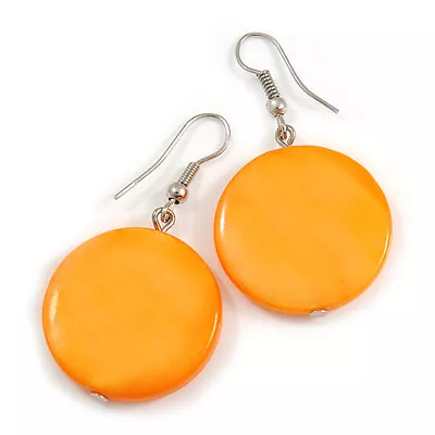 Coin Shape Shell Bead Drop Earrings In Silver Tone/ Orange - 45mm Tall • £9.99