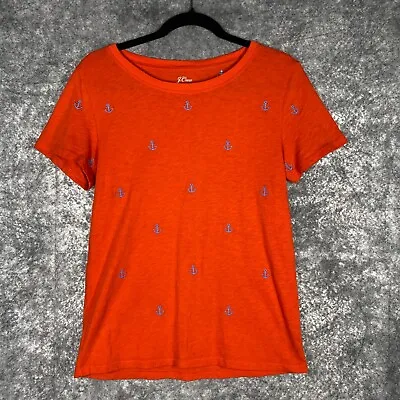 J Crew Shirt Womens Medium Orange Short Sleeve Embroidered Anchor 100% Cotton • $17.50