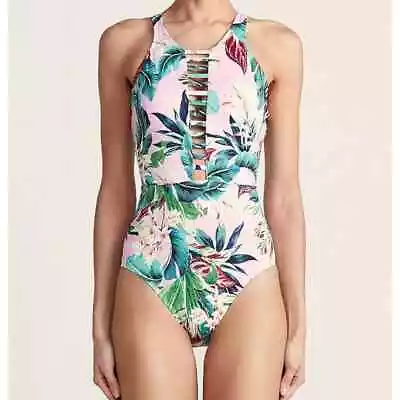  Miraclesuit Pink Vintage Floral Leah Hi-Neck One Piece Swimsuit (Large) • $50