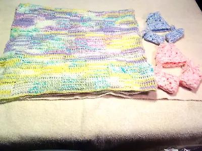New Handmade Crochet Baby Afghan With Hat And Booties Multi Pastel Rainbow Color • $48.95