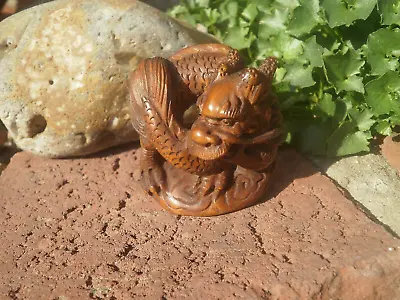 1a.. Hand Carved Wood Netsuke Dragon Curled Upright Collectable Boxwood Figure • £24.99