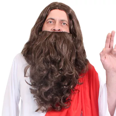 Jesus Prophet Wig And Beard Set 60s 70s Hippy Man Religious Christ Fancy Dress • £8.99