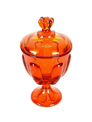 Vintage Viking Glass Epic Six Petal Persimmon Orange Covered Candy Dish Mcm • $45