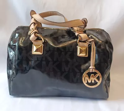 MICHAEL KORS Patent Leather GRAYSON Monogram Satchel Mini Duffle Handbag Black • $99