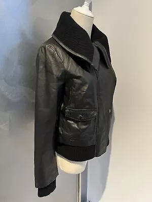 Events Black Winter Leather Jacket Sz 8 Cosy Warm Winter Chic High Neck Luxe • $59.98