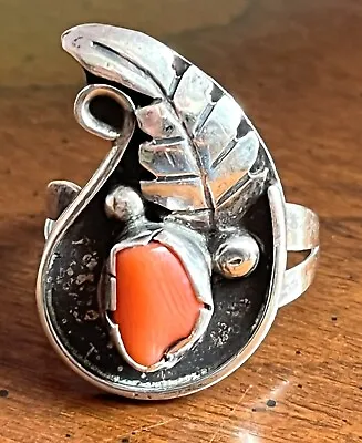 Vintage NAVAJO OLD PAWN STERLING SILVER CORAL FEATHER RING SZ 6 NATIVE AMERICAN • $29.99