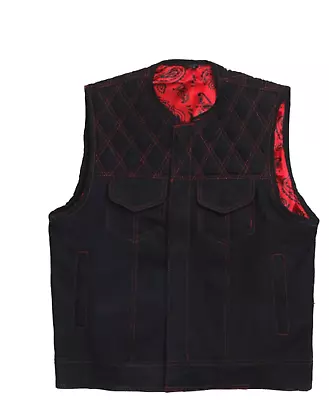 Black Denim Vest Leather Vest Red Stich Leather Motorcycle Diamond Quilted Mens • $195