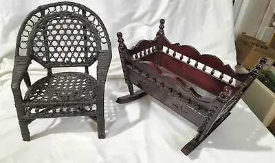 Dolls House Furniture Large Wooden Cradle & Cane Chair Vintage Doll Furniture AF • $58.50