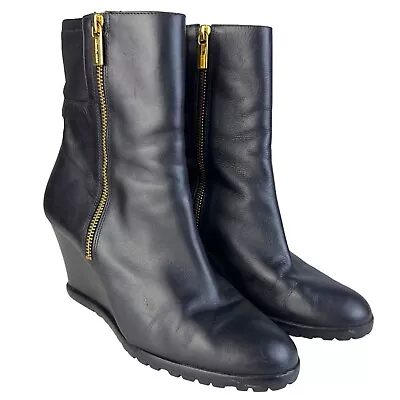 Michael Kors Aileen Vachetta Wedge Leather Bootie Womens Size 9 Black Double Zip • $50
