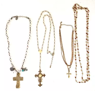 Vintage Julio Gold Tone Cross Pendant Chain Necklace With Pearls + 3 Necklaces • $85